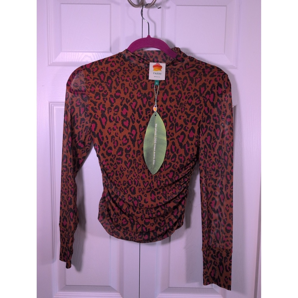 Farm Rio Small Leopard Pop Caramel Tulle Mesh Sheer Long Sleeve Top New XS
